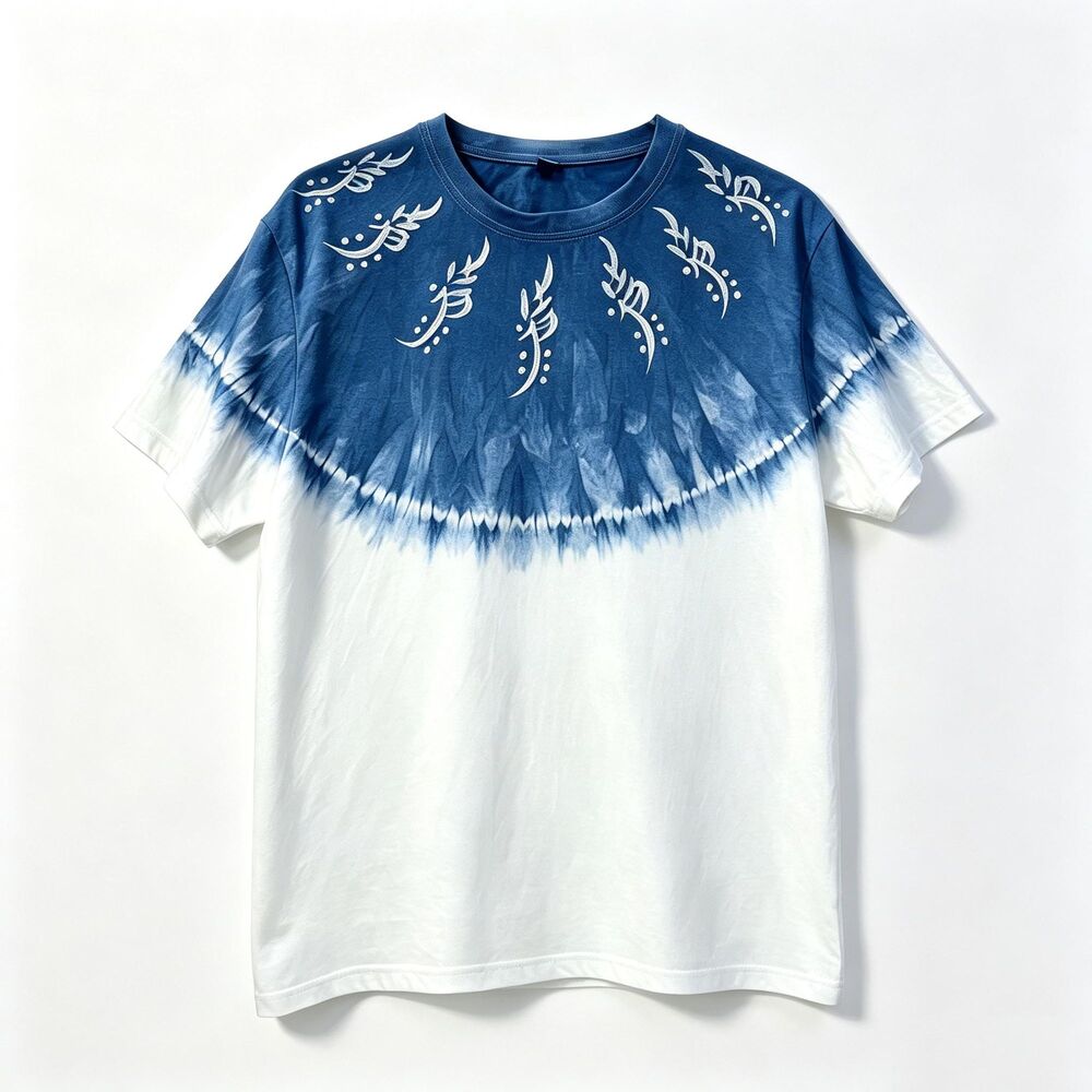 Hand Dyed Indigo Batik Linen T-Shirt, Nüshu Phoenix Inspired Chinese Art Tee